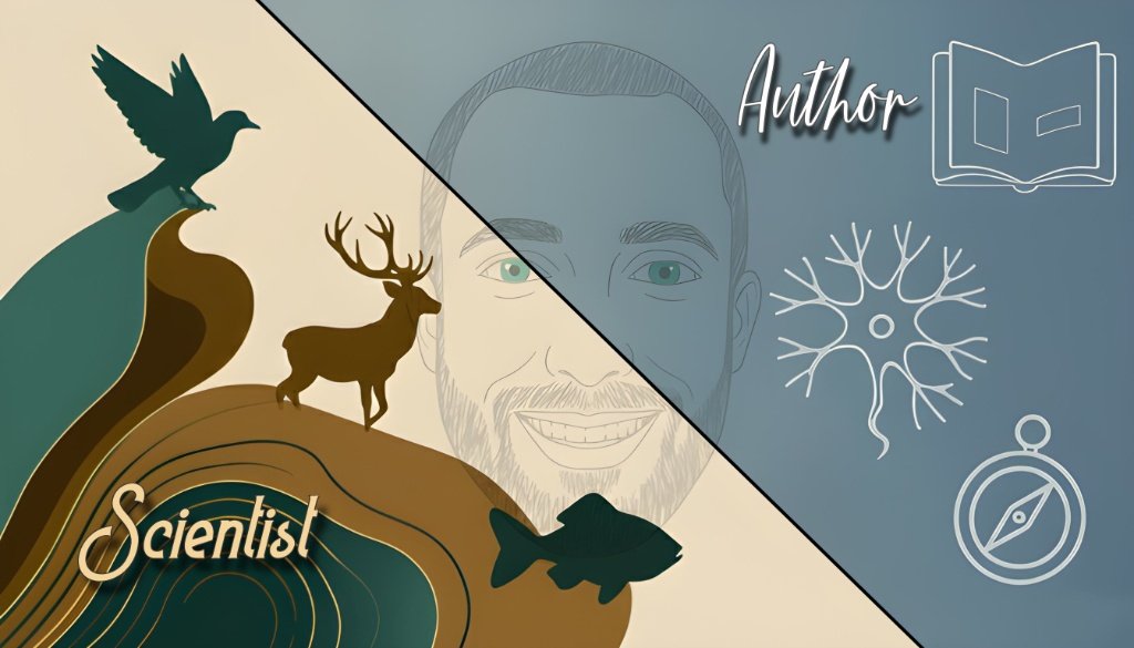Shawn Dove Split Landing Page Artwork — Scientist on bottom-left, Author on top-right